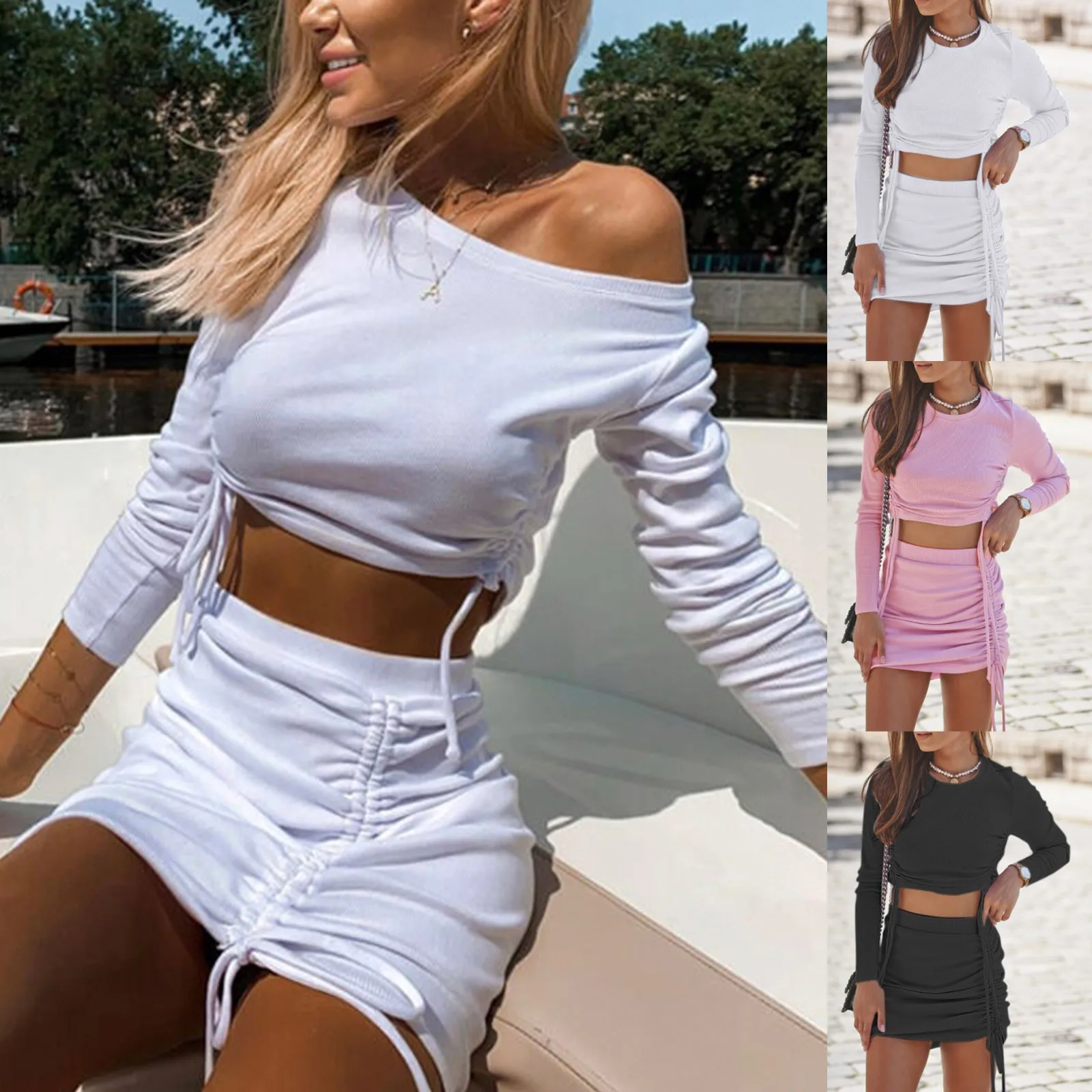

Womens sets женское плае New Two-Piece Solid Color Drawstring Long-Sleeved Top + Skirt Casual Suit summer 2020 Drop Shipping